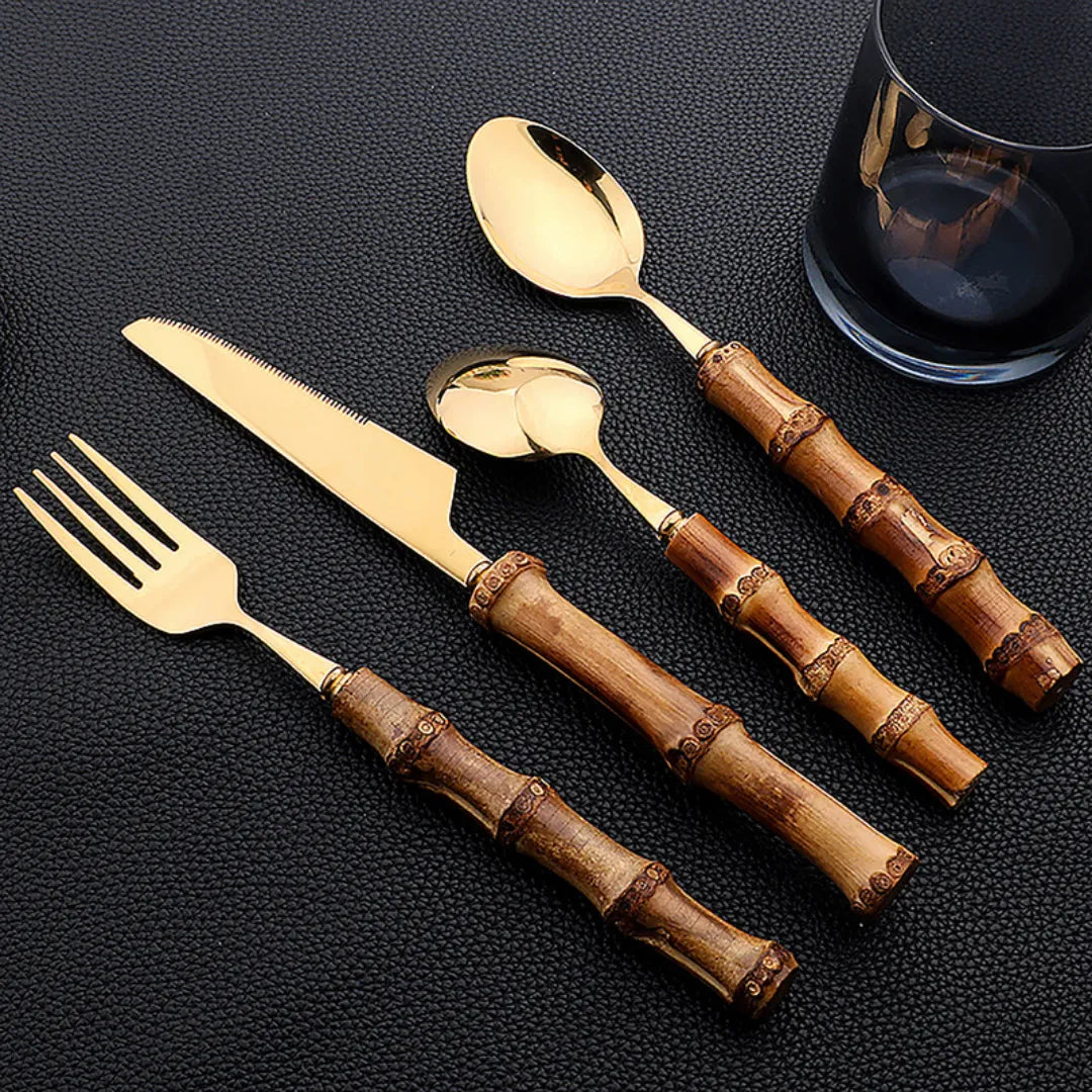 Jogo de Talheres Inox 24 Peças – Cabo Bambu Natural
