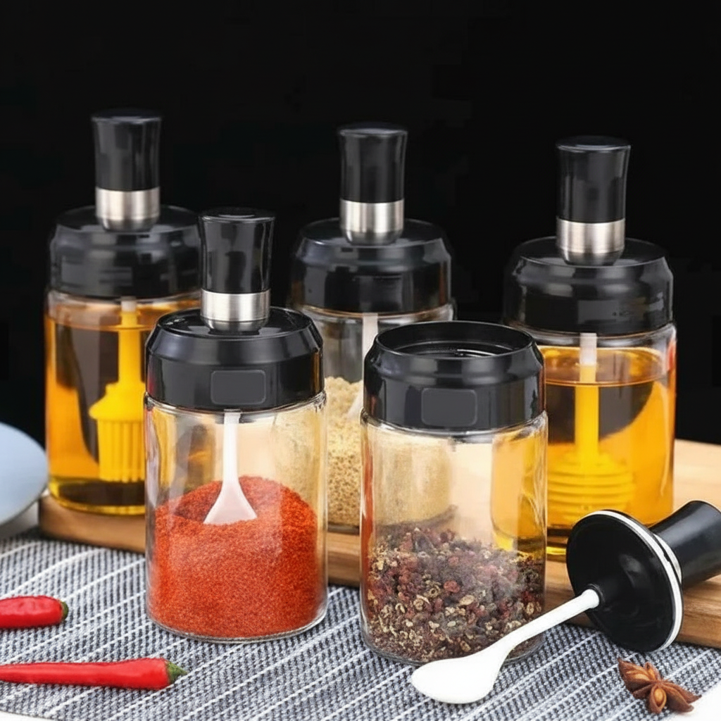 Kit Porta Tempero Condimento de Vidro com Tampa e Colher Embutida - Entrega Grátis